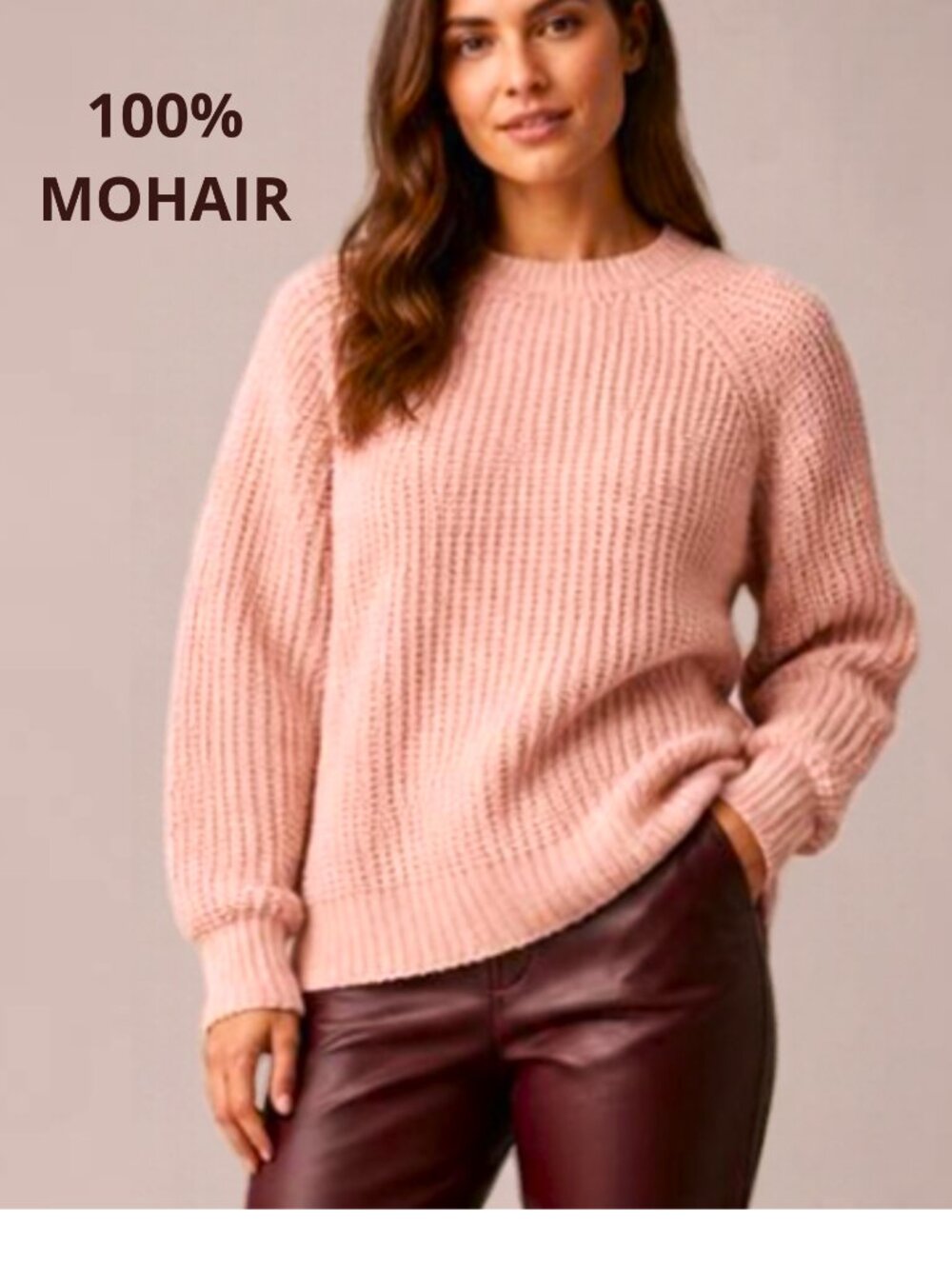New 100% Mohair Pink Crewneck Ribbed Sweater Large-XL